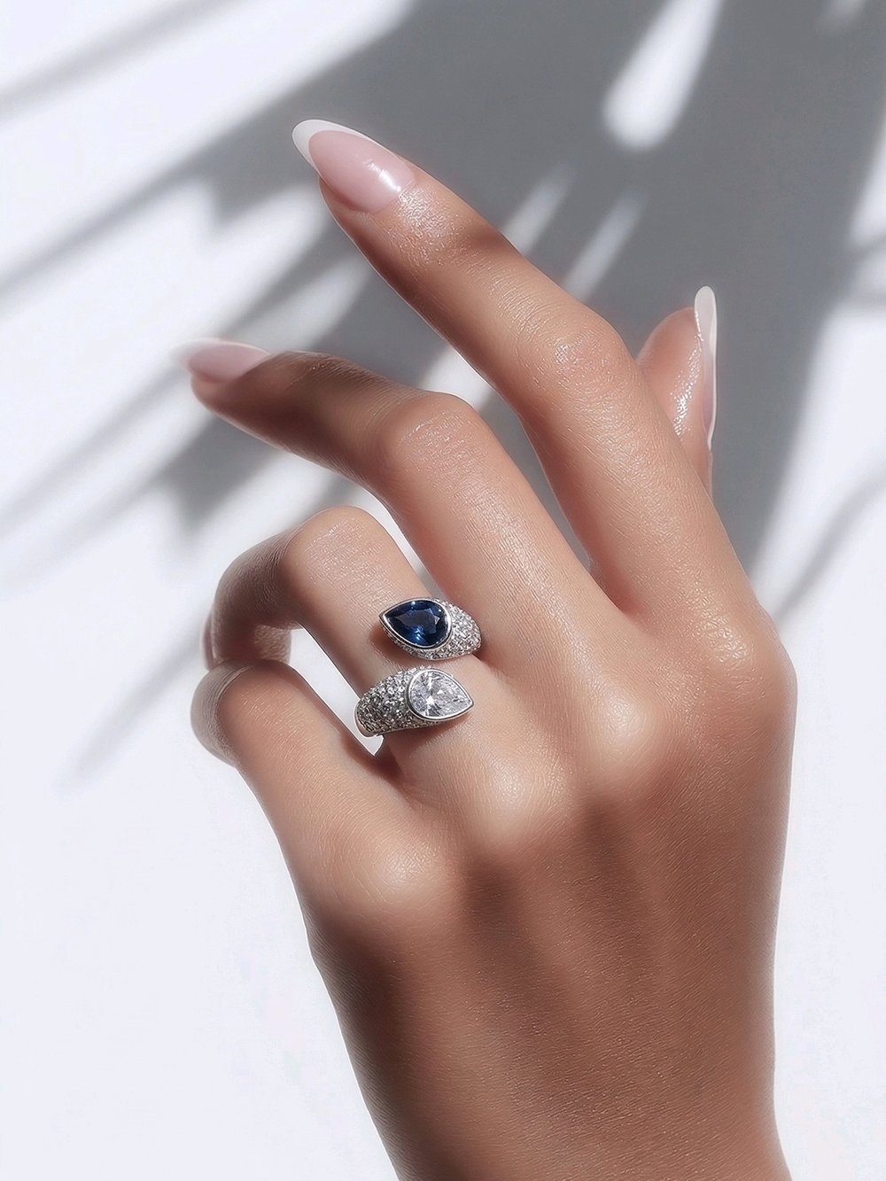 Sterling Silver Teardrop Blue & Clear Stone Open Ring